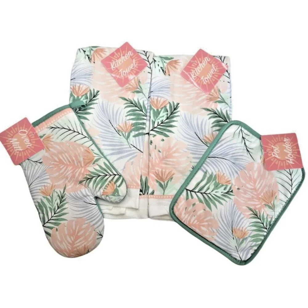 Pink Palm Kitchen Dish Towels Oven Mitt Potholder Beach Summer House Set of 4